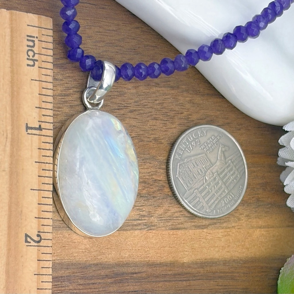 Rainbow Moonstone Pendant Necklace Pure Sterling Silver 925 Boho Southwest - Picture 8 of 10